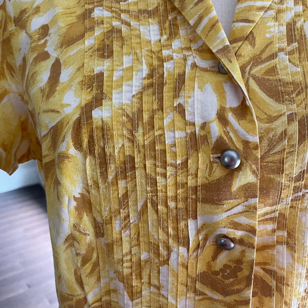 Vintage 50s Brentwood Cotton Womens L Yellow/Tan Floral Day Shirt Dress - Picture 2 of 7